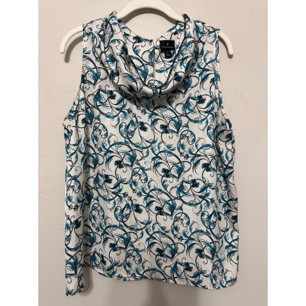 Worthington Womens Large Teal White Scroll Floral Cowl Neck‎ Sleeveless Blouse